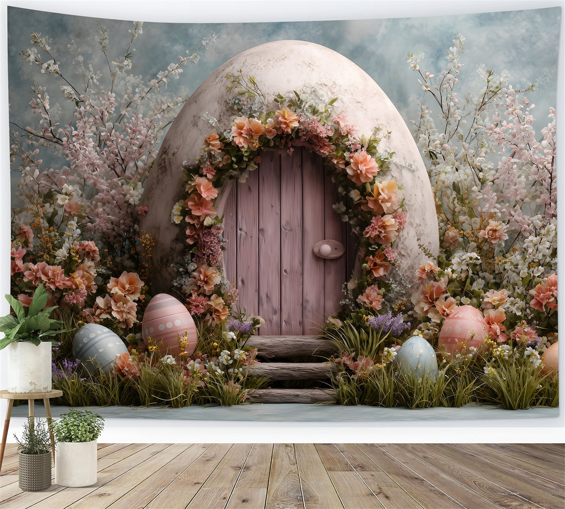 Bunny Burrow Backdrop Pink Door Egg Blossoms Photo Backdrop Easter UK By Magali