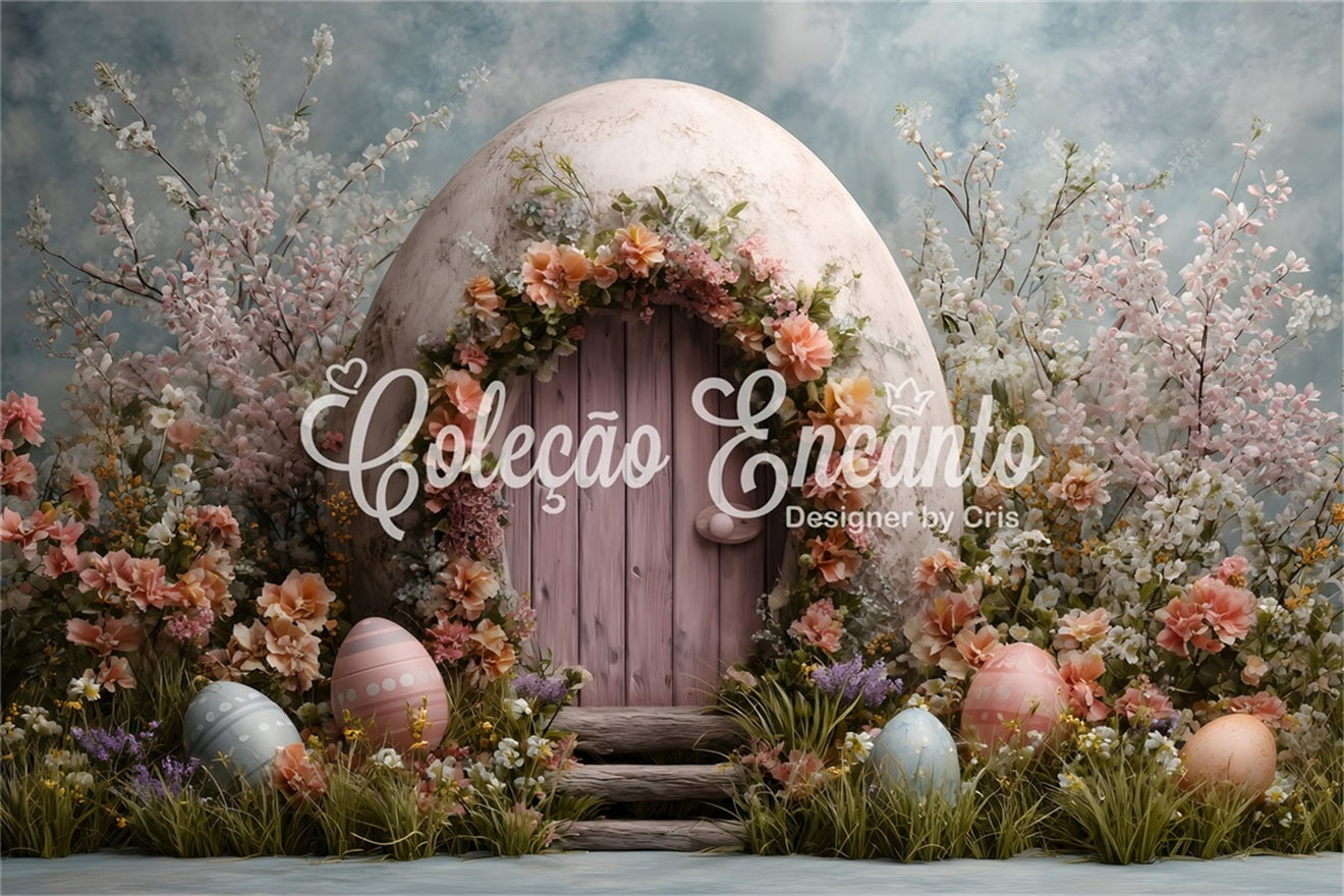Bunny Burrow Backdrop Pink Door Egg Blossoms Photo Backdrop Easter UK By Magali