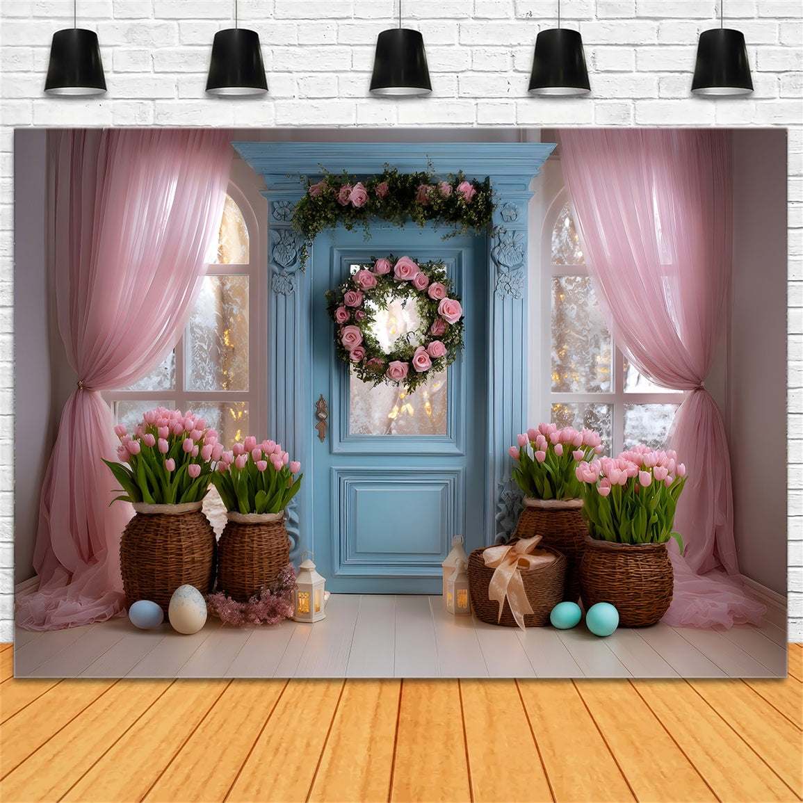 Easter Tulip Backdrop Blue Door Pink Curtain Easter Backdrop For Photography UK By Magali