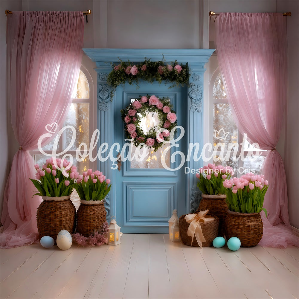 Easter Tulip Backdrop Blue Door Pink Curtain Easter Backdrop For Photography UK By Magali