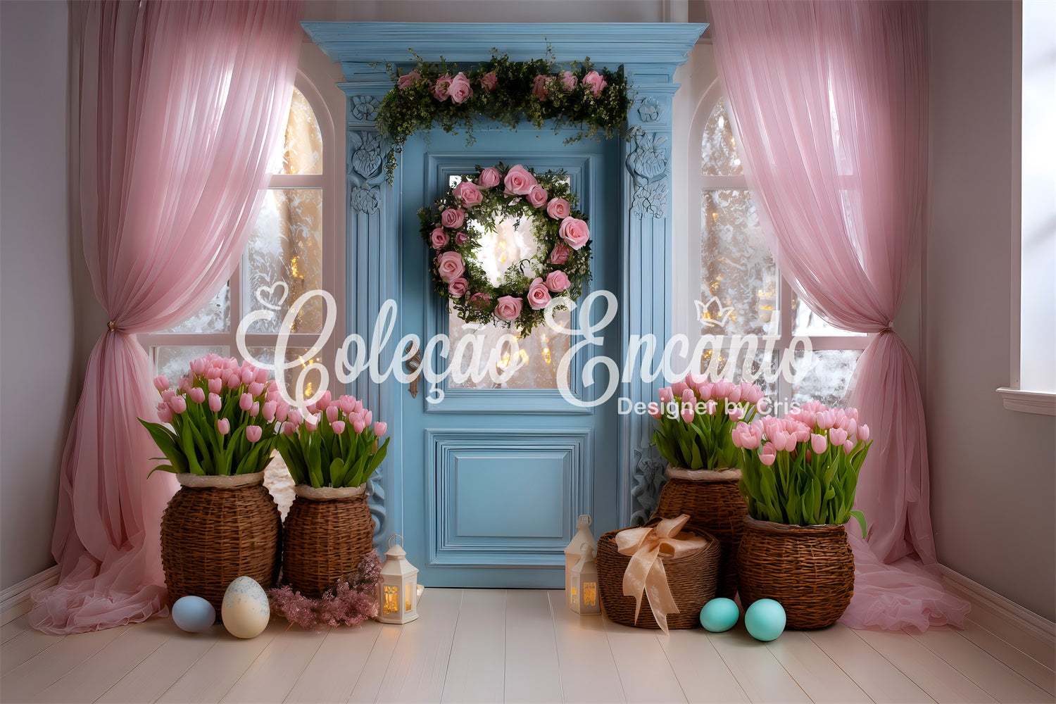Easter Tulip Backdrop Blue Door Pink Curtain Easter Backdrop For Photography UK By Magali