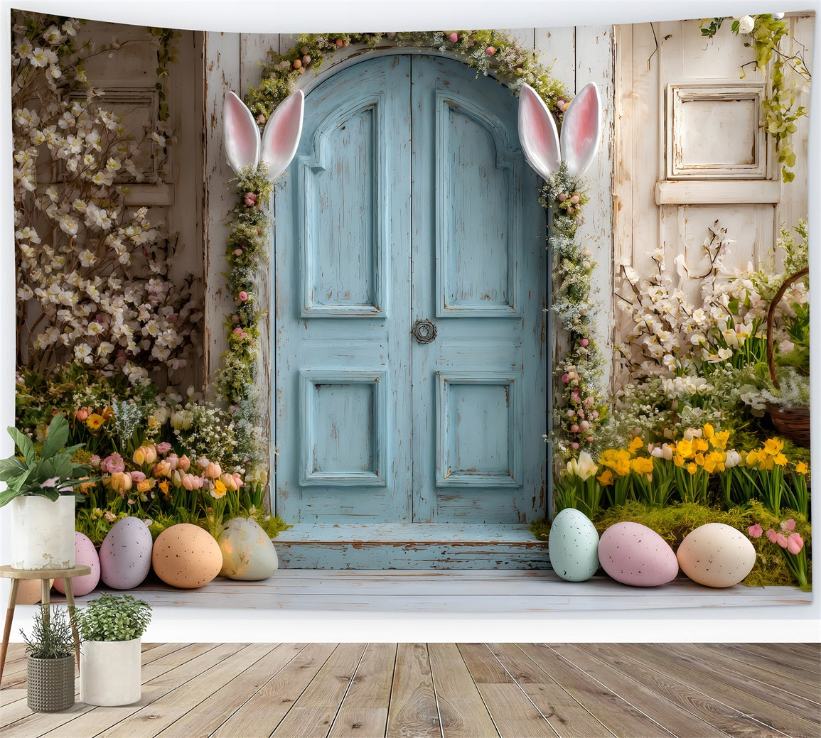 Easter Daffodil Backdrop Bunny Ears Blue Door Backdrops For Easter Pictures UK By Magali