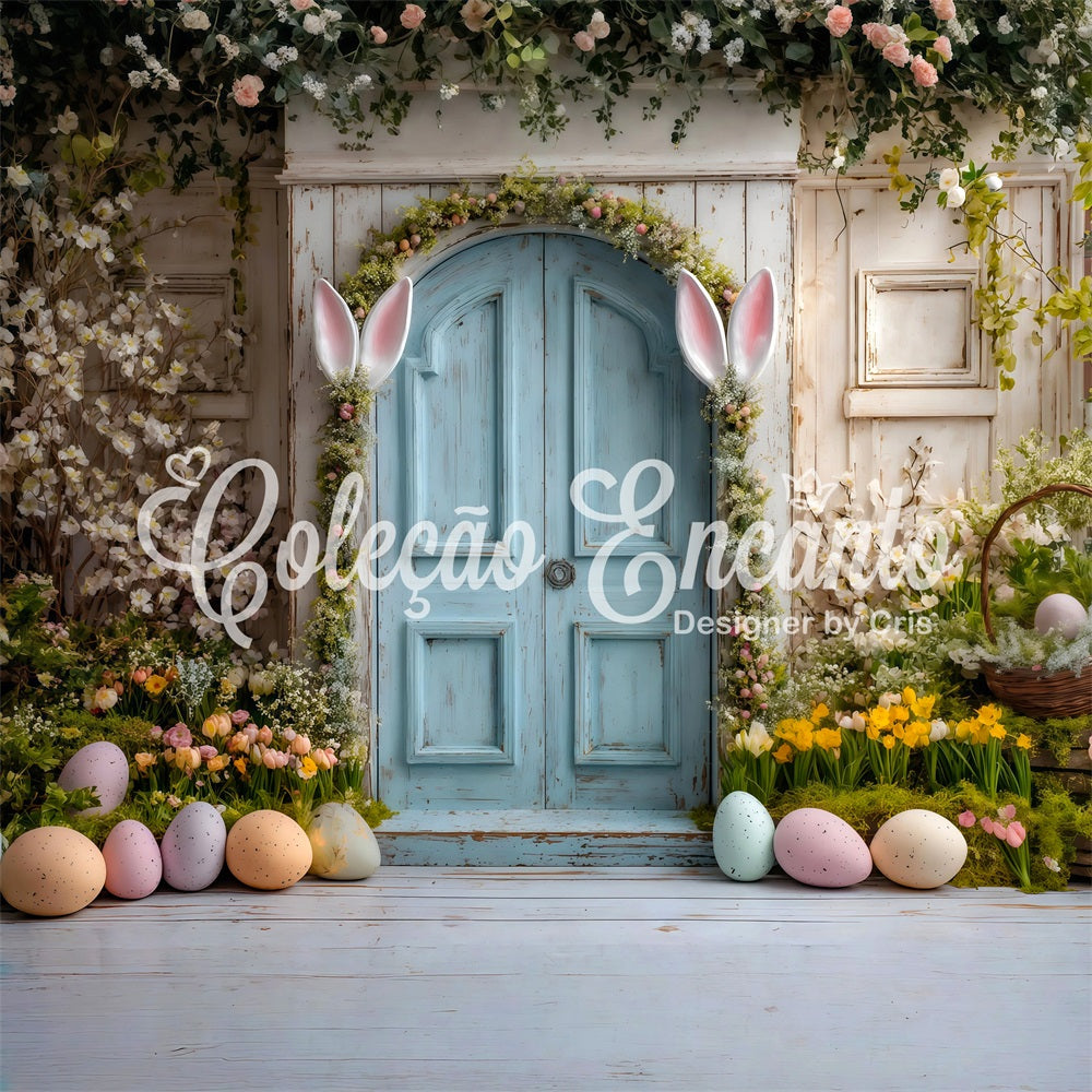 Easter Daffodil Backdrop Bunny Ears Blue Door Backdrops For Easter Pictures UK By Magali