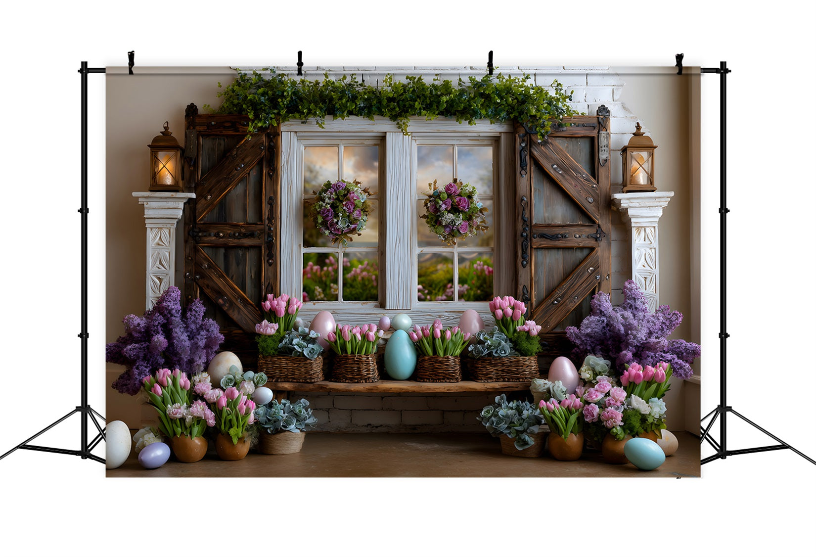 Easter Cottage Garden Backdrop Lavender Tulip Eggs Window Happy Easter Photo Backdrop UK By Magali