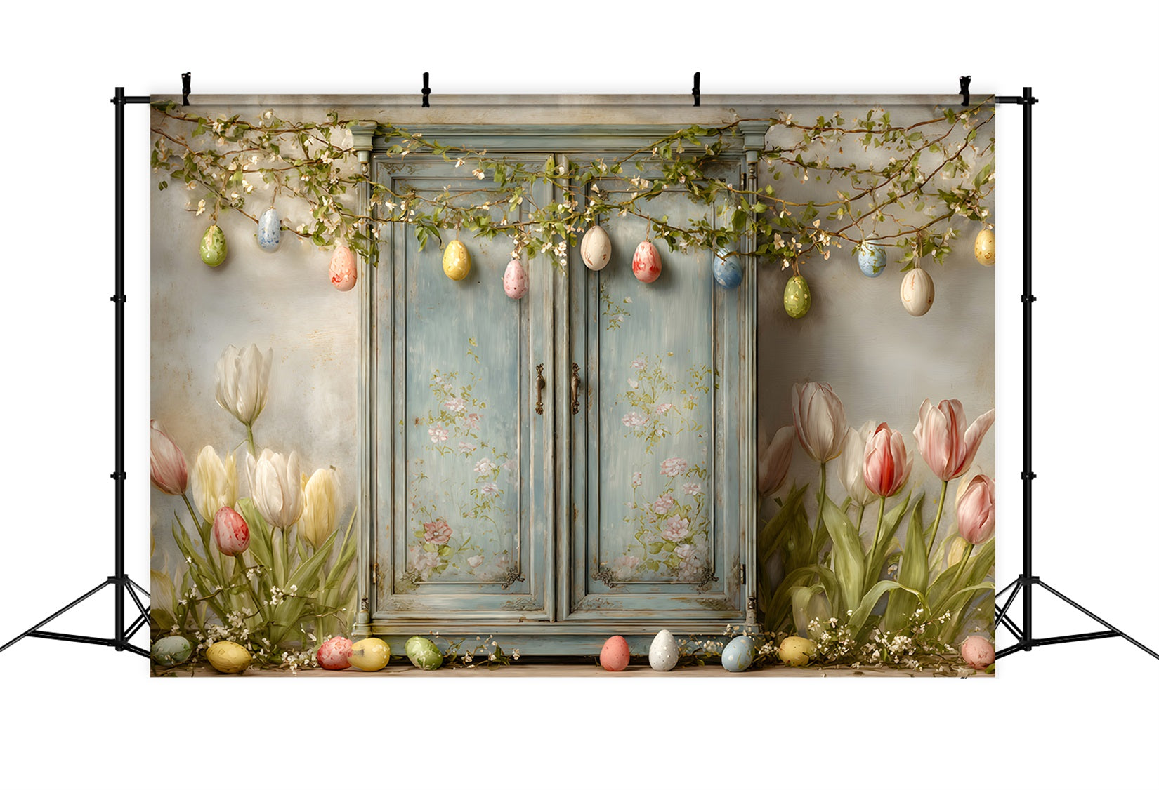 Easter Vintage Floral Backdrop Blue Door Tulip Eggs Simple Easter Backdrop UK By Magali