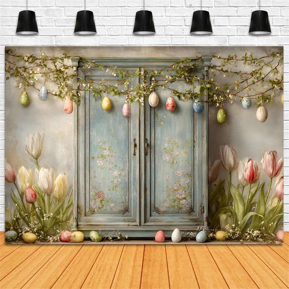 Easter Vintage Floral Backdrop Blue Door Tulip Eggs Simple Easter Backdrop UK By Magali