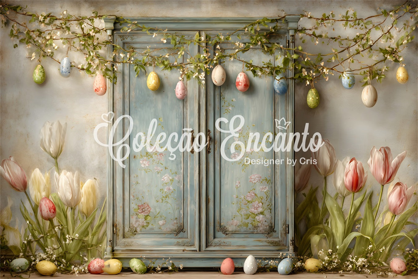 Easter Vintage Floral Backdrop Blue Door Tulip Eggs Simple Easter Backdrop UK By Magali