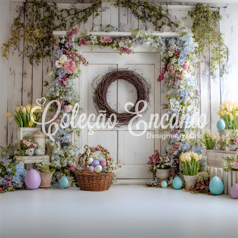 Easter Spring Floral Wreath Backdrop Floral Door Egg Basket Happy Easter Backdrops UK By Magali