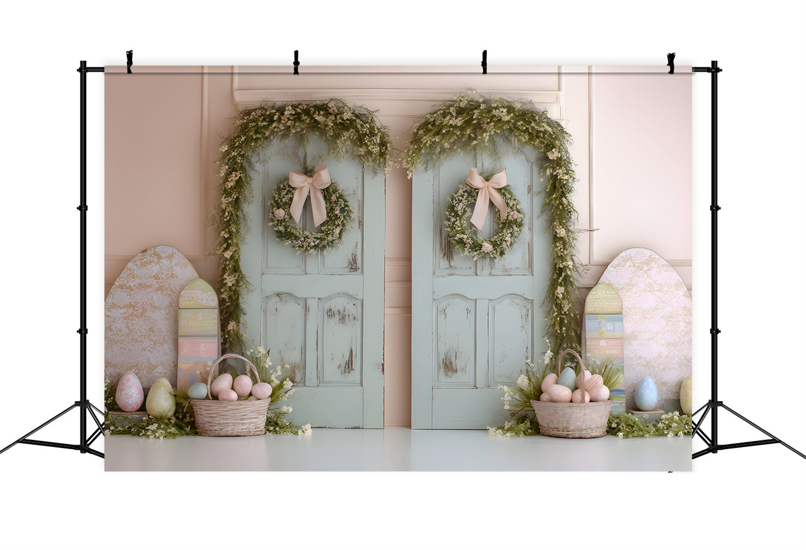 Happy Easter Backdrop Double Doors Egg Baskets Easter Backdrop Photo UK By Magali
