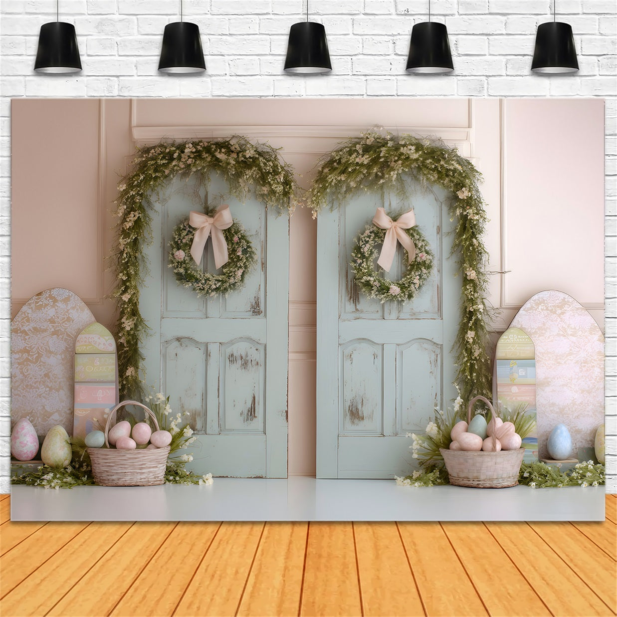 Happy Easter Backdrop Double Doors Egg Baskets Easter Backdrop Photo UK By Magali