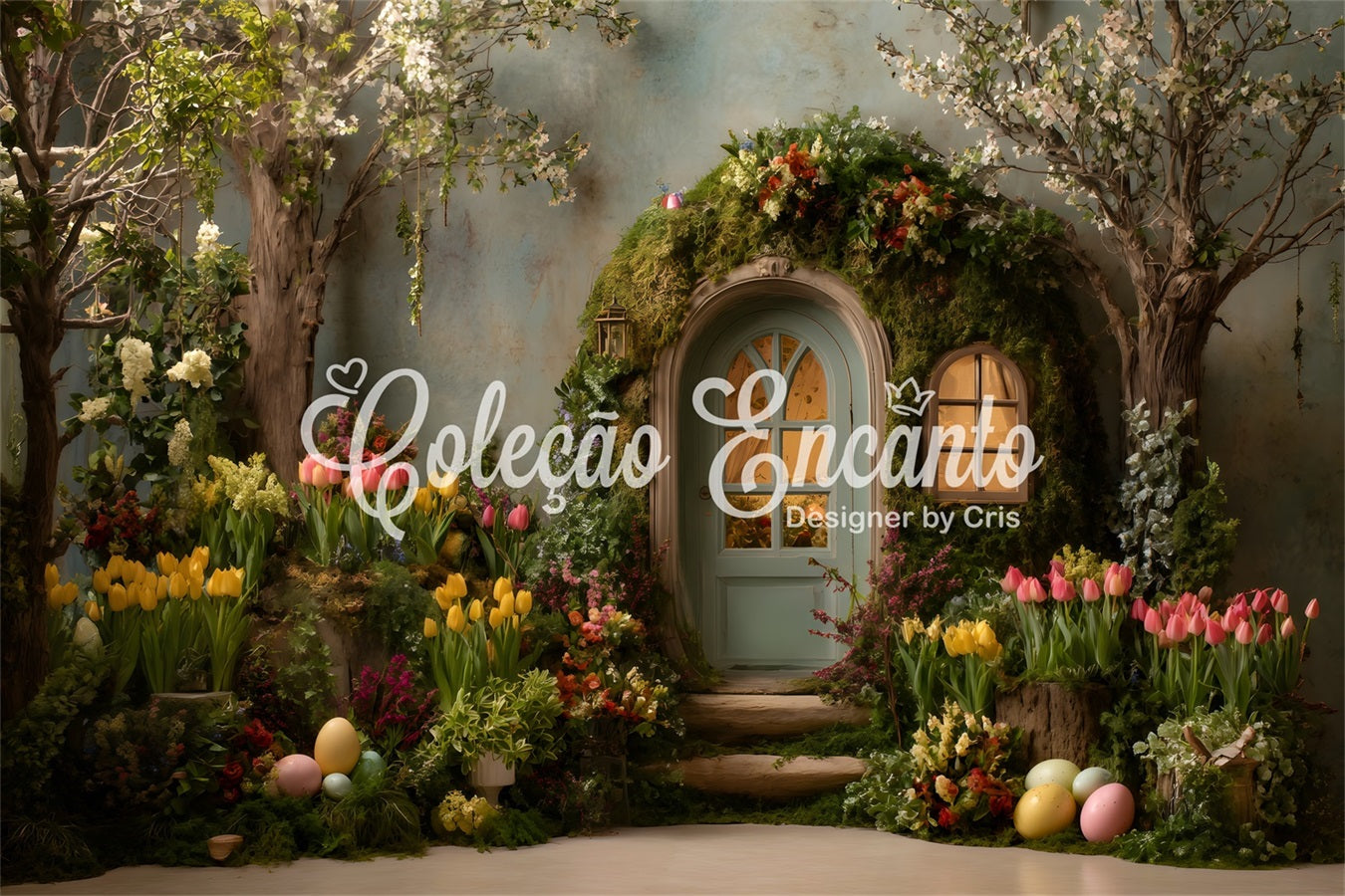 Easter Rustic Backdrop Mossy Arch Tulip Eggs Outdoor Easter Backdrops UK By Magali