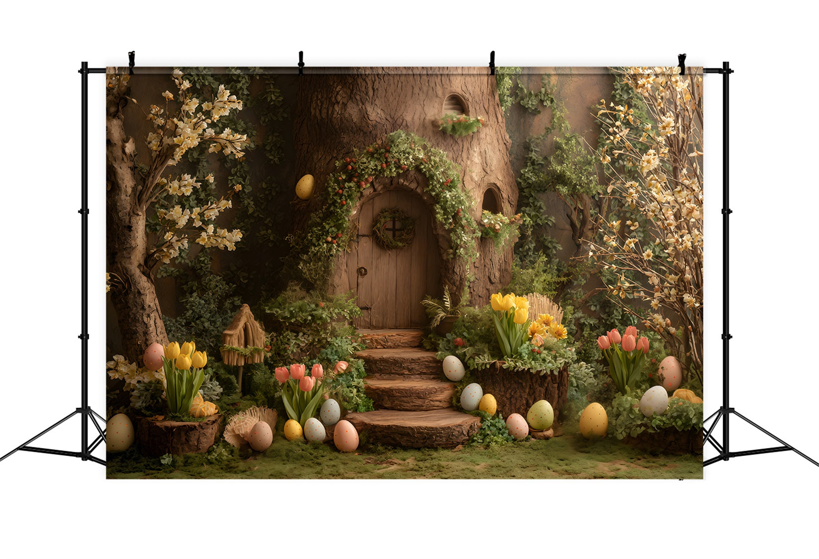 Bunny Burrow Backdrop Tree Door Egg Blooms Easter Pictures Backdrop UK By Magali