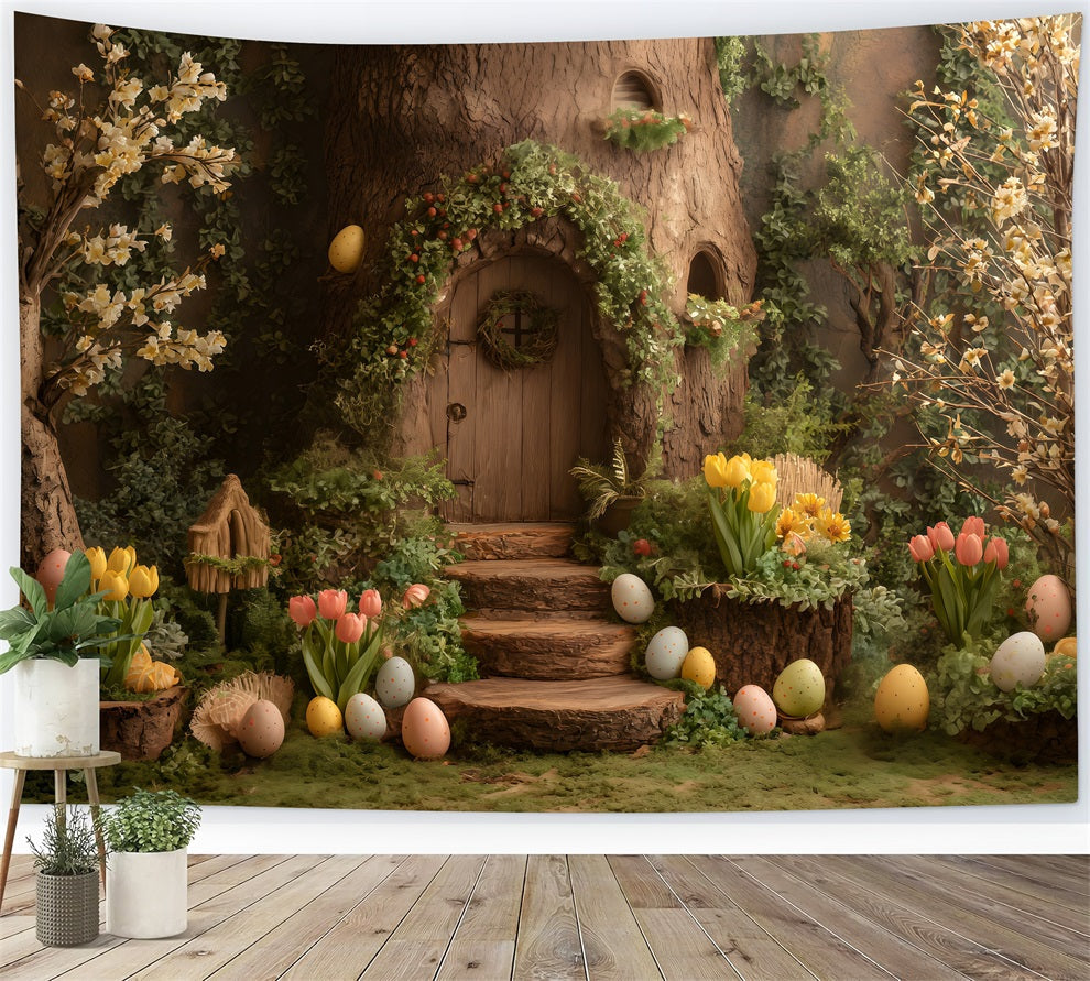 Bunny Burrow Backdrop Tree Door Egg Blooms Easter Pictures Backdrop UK By Magali