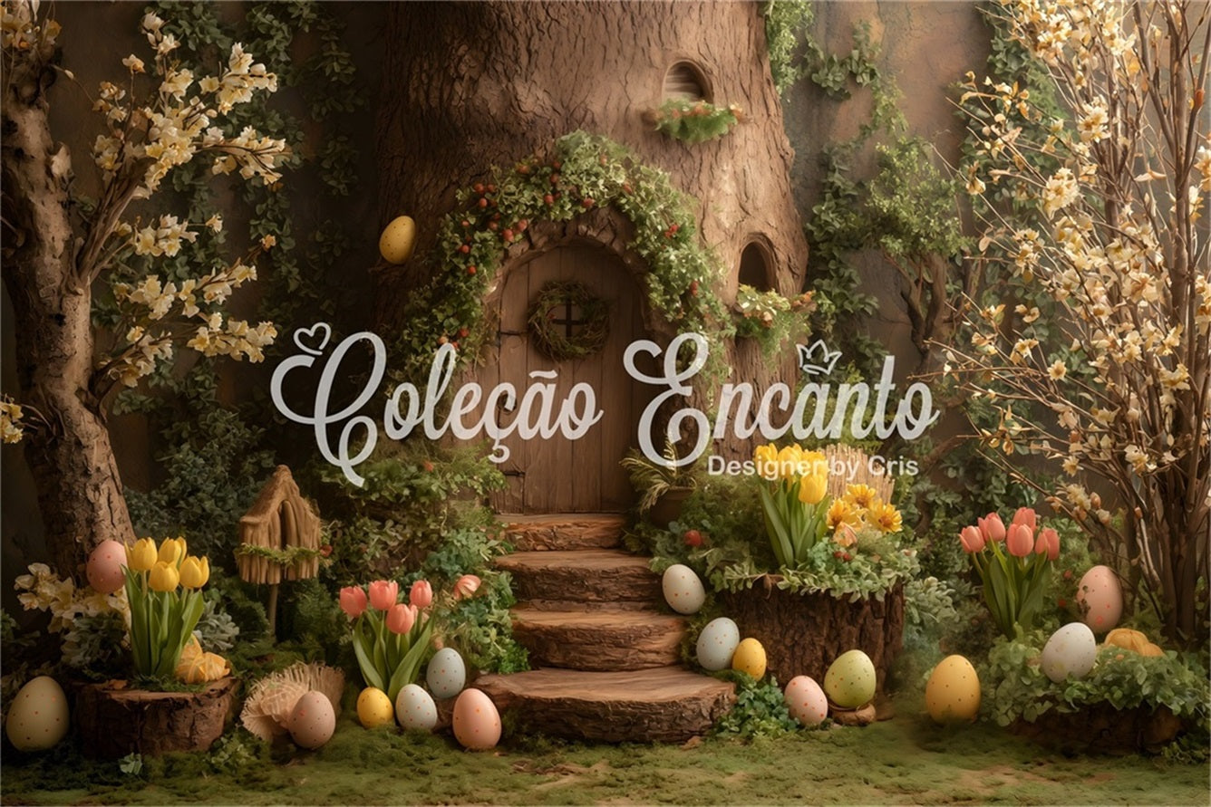 Bunny Burrow Backdrop Tree Door Egg Blooms Easter Pictures Backdrop UK By Magali