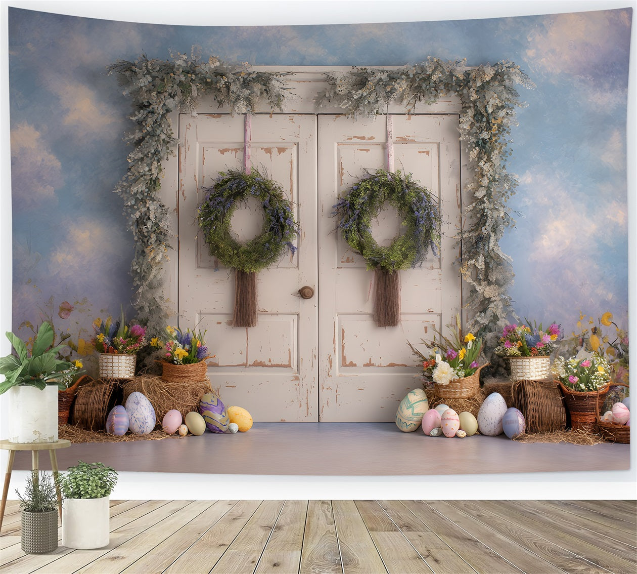 Easter Vintage Floral Backdrop Rustic Flower Door Egg Display Easter Backdrop UK By Magali