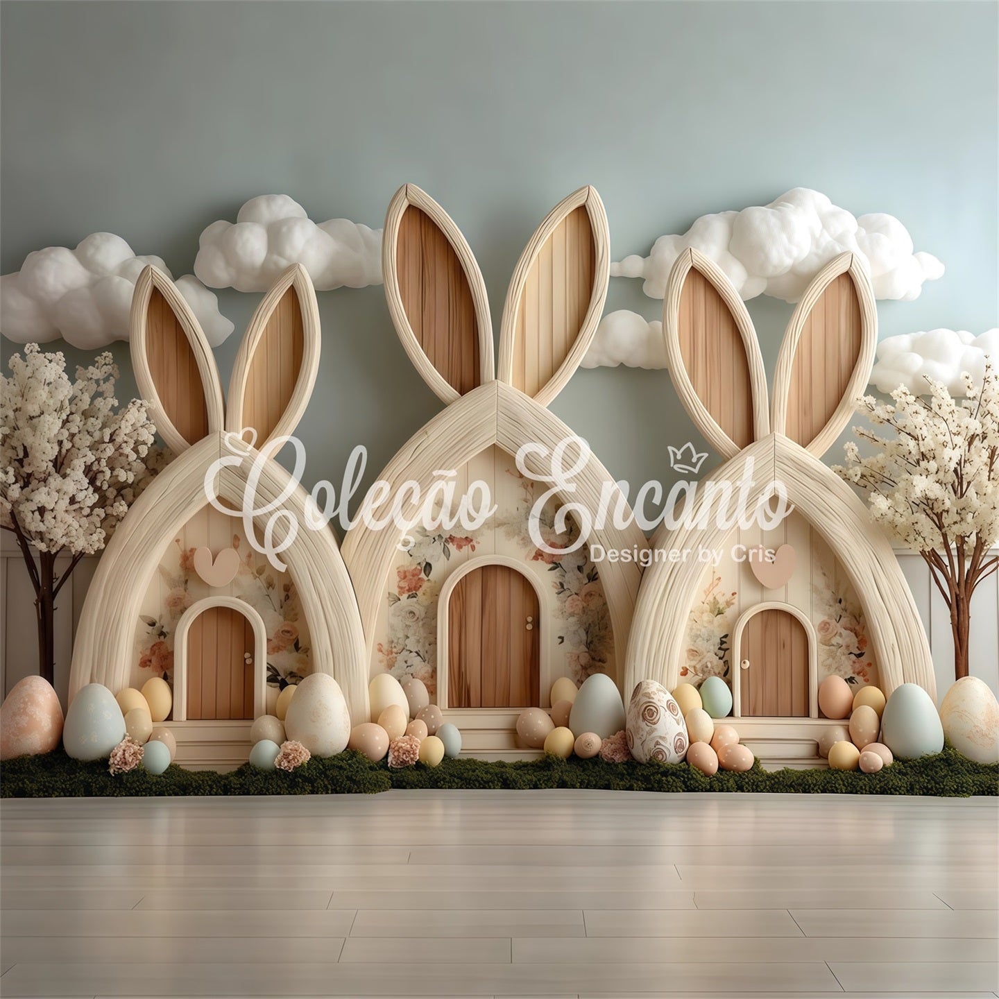 Egg Hunt Backdrop Pastel Bunny Cottage Village Display Easter Backdrop Photography UK By Magali