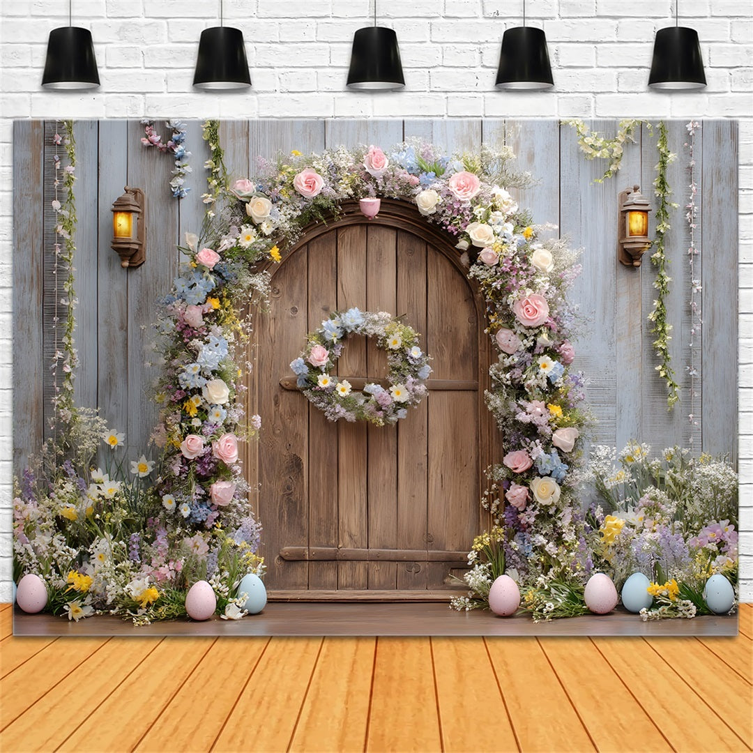 Easter Wreath Doorway Backdrop Rustic Floral Wooden Door Easter Backdrops For Photography UK By Magali