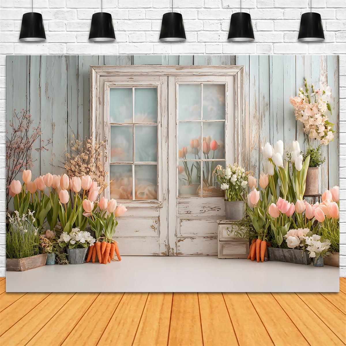 Easter Tulip Backdrop Vintage Window Garden Charm Easter Photography Backdrops UK By Magali