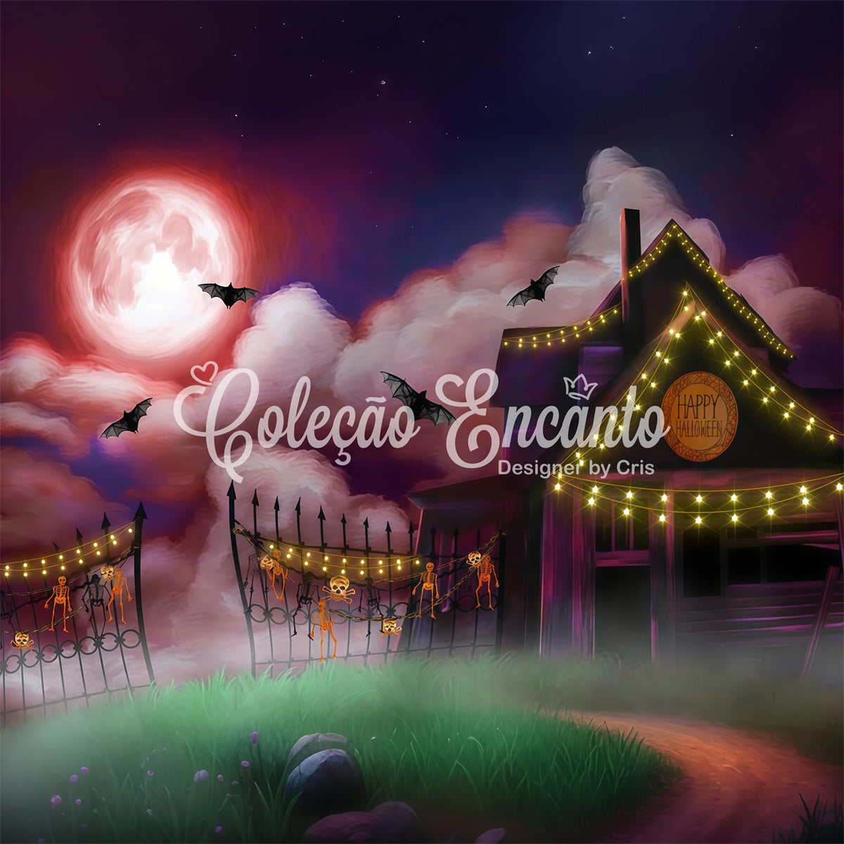 Children's Backdrop Moonlit Farmhouse String Lights Halloween Backdrop For Kids UK By Magali