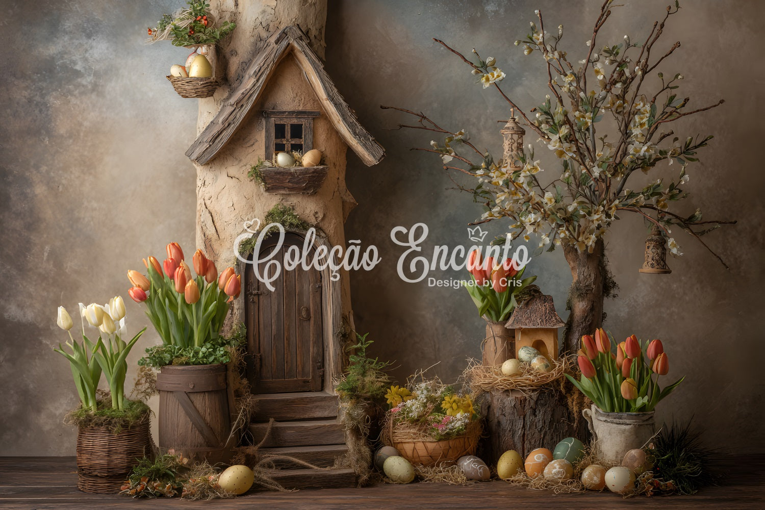 Easter Tulip Backdrop Rustic Cottage Nest Flower Easter Photoshoot Backdrop UK By Magali
