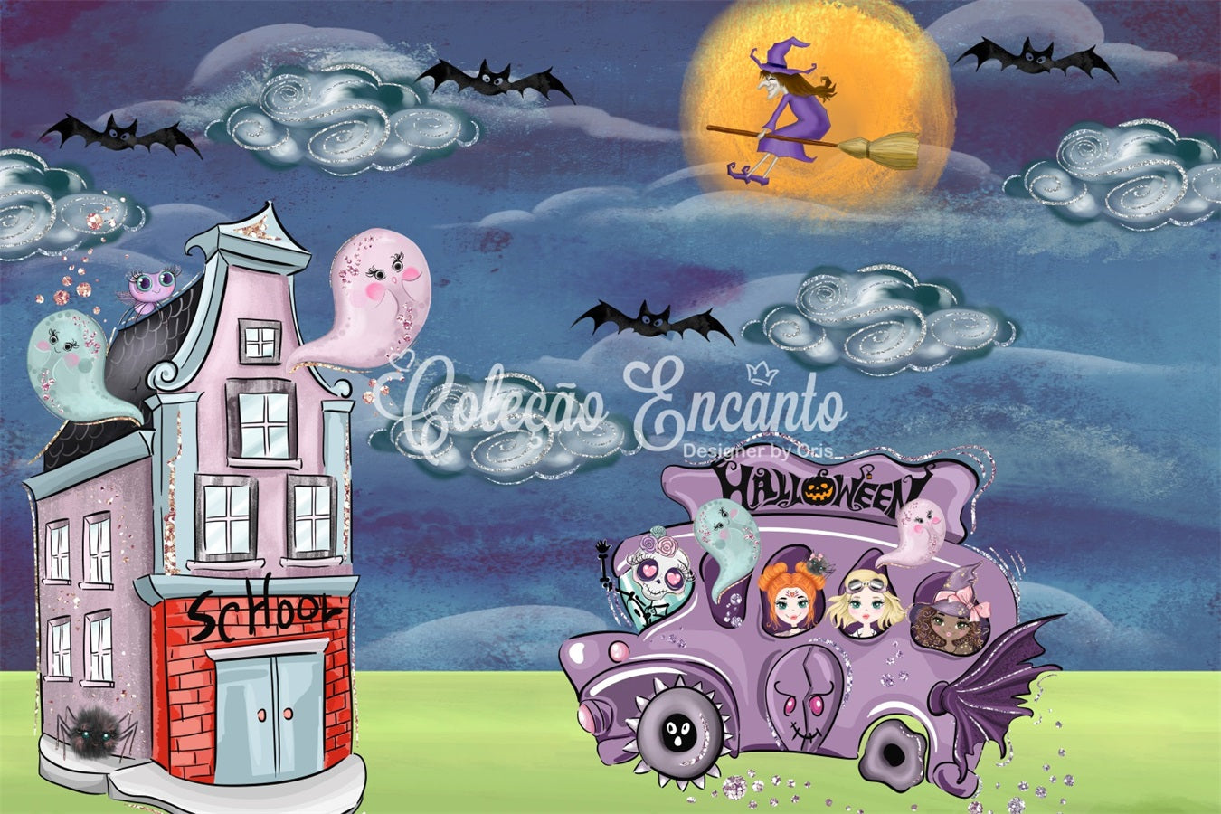 Newborn Photo Backdrop Spooky Bus Witch Moon Halloween Backdrops For Kids UK By Magali
