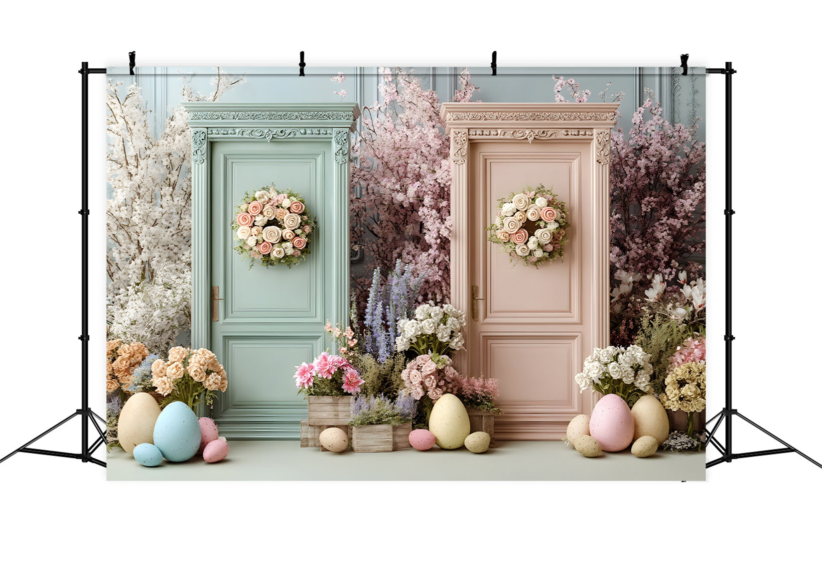 Easter Spring Floral Wreath Backdrop Dual Flower Doors Eggs Easter Backdrops For Photos UK By Magali