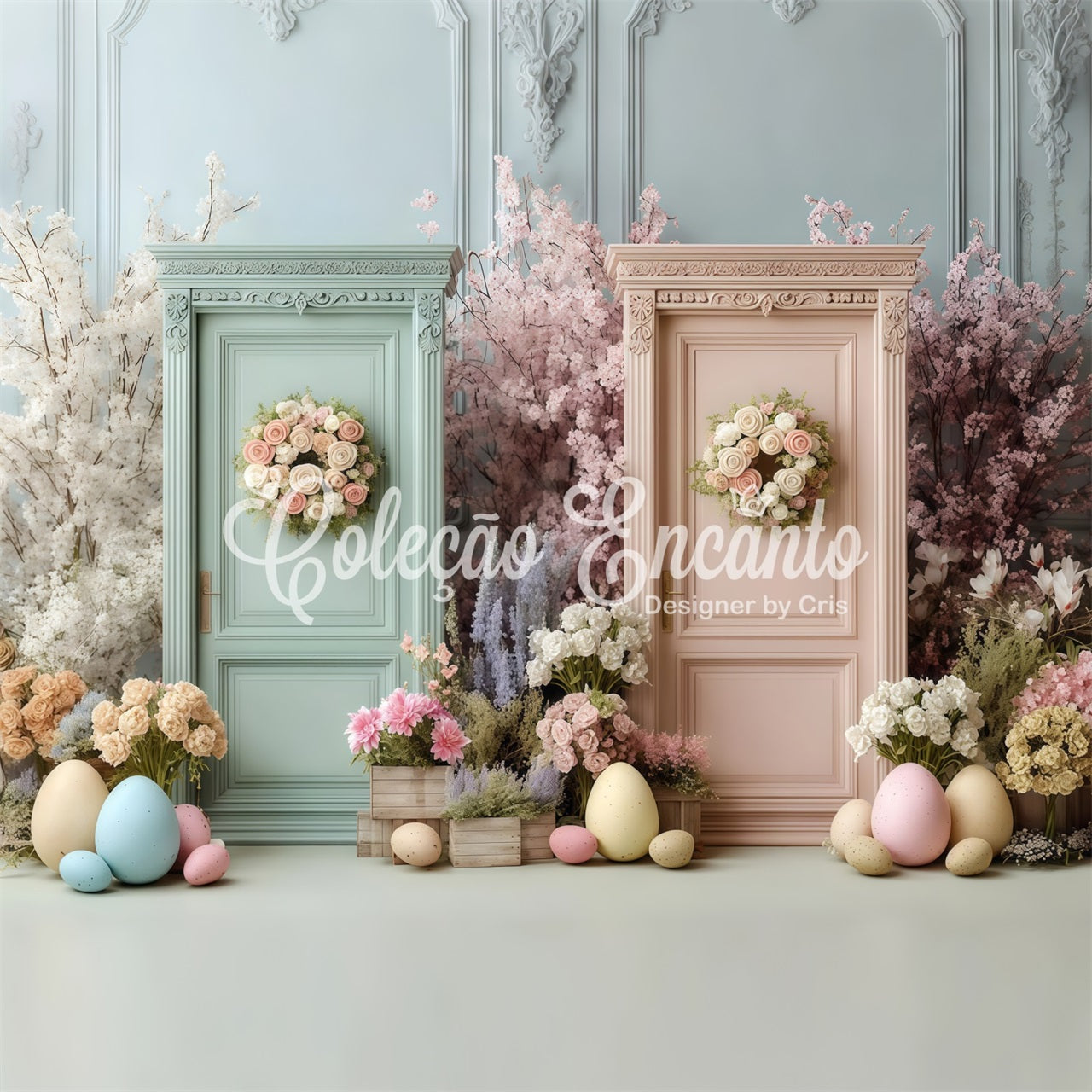 Easter Spring Floral Wreath Backdrop Dual Flower Doors Eggs Easter Backdrops For Photos UK By Magali