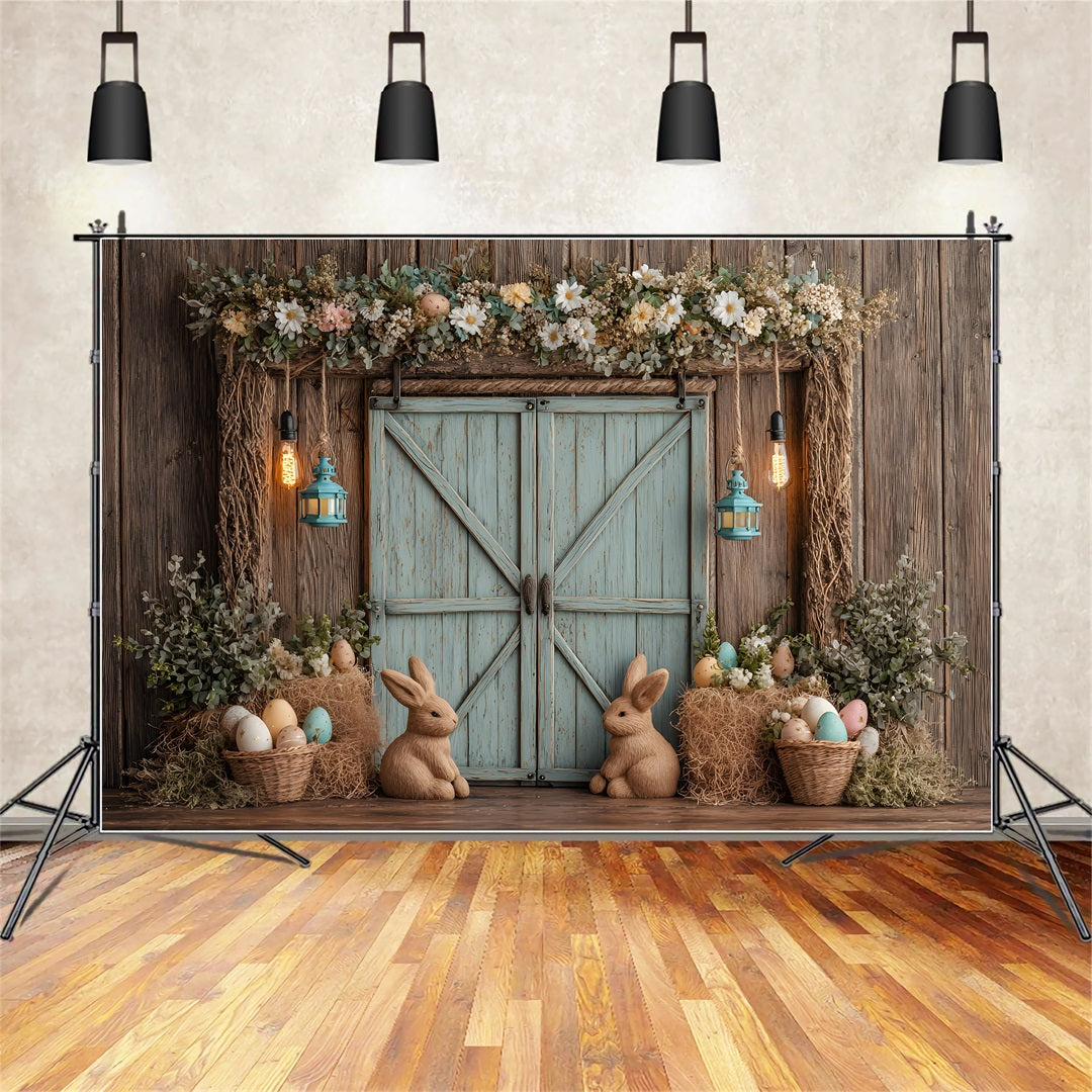 Easter Rustic Backdrop Rustic Bunny Egg Door Happy Easter Photo Backdrop UK By Magali