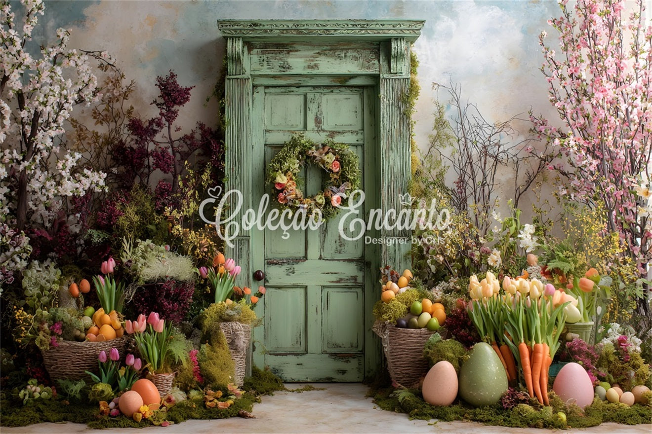 Easter Tulip Backdrop Mossy Rustic Green Door Egg Photo Backdrops For Easter UK By Magali