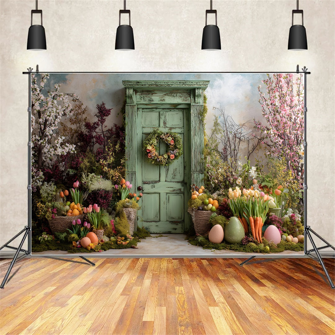 Easter Tulip Backdrop Mossy Rustic Green Door Egg Photo Backdrops For Easter UK By Magali