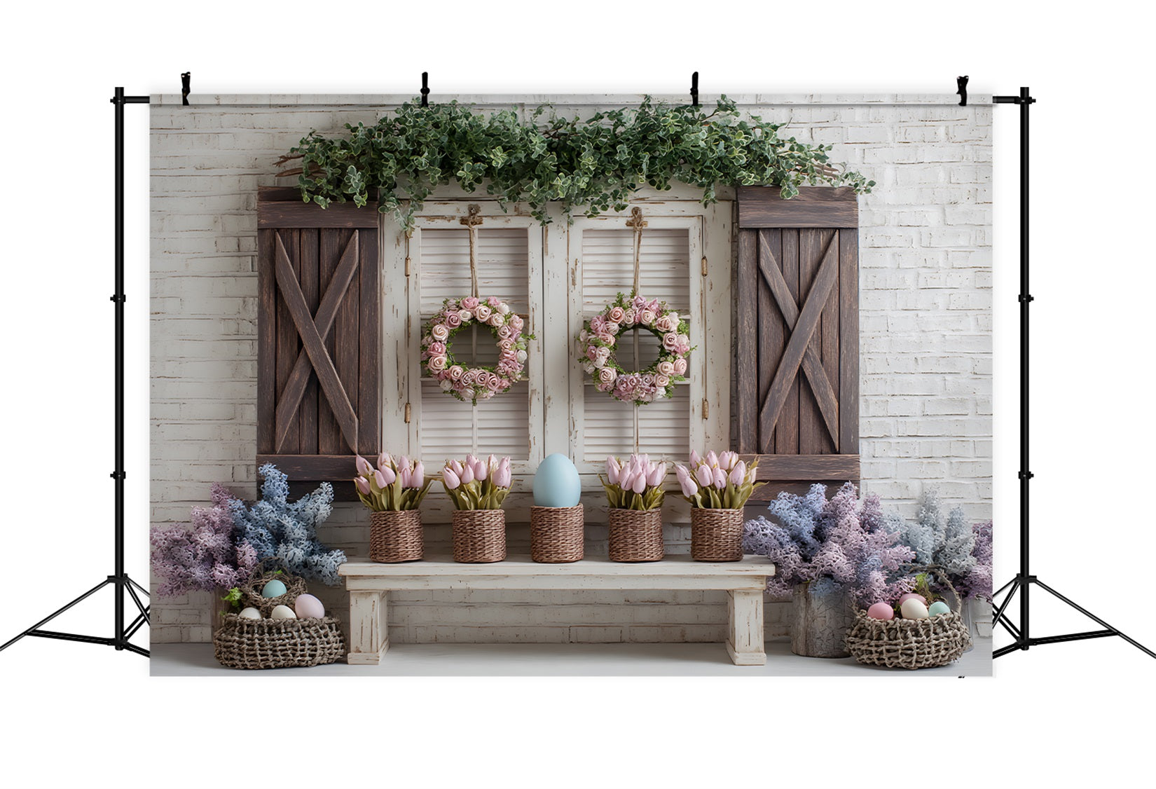 Easter Spring Floral Wreath Backdrop Pink Tulip Egg Window Photography Backdrops Easter UK By Magali