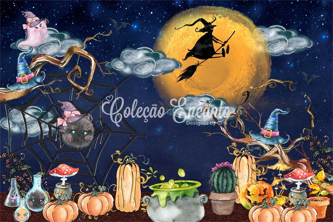 Backdrop For Children Midnight Witch Cauldron Pumpkin Halloween Backdrop Kids UK By Magali