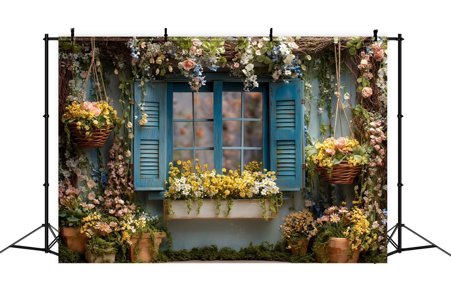 Easter Cottage Garden Backdrop Blue Floral Window Blooms Easter Theme Backdrop UK By Magali