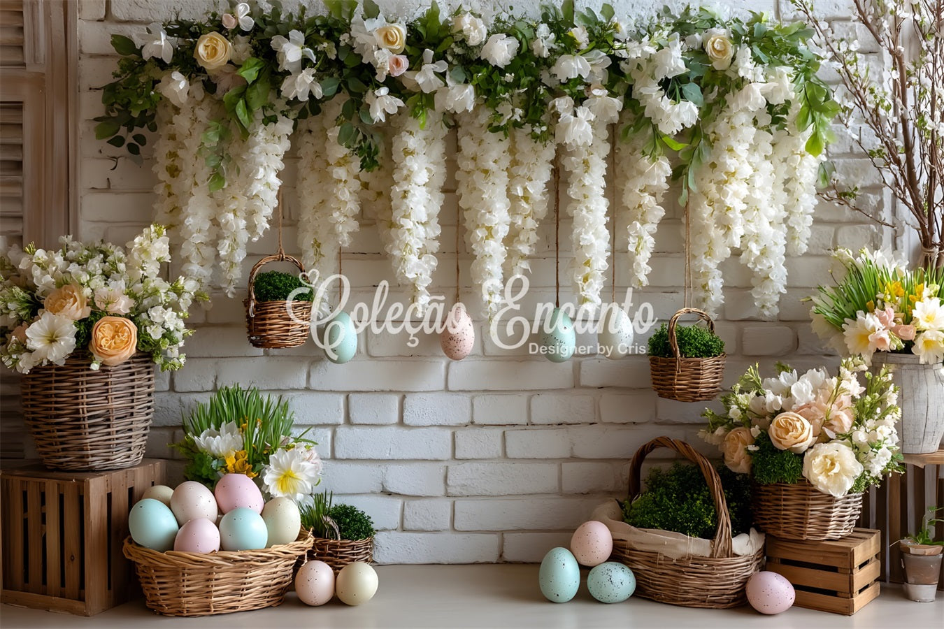 Easter Basket Backdrop White Floral Egg Wall Easter Themed Backdrops UK By Magali