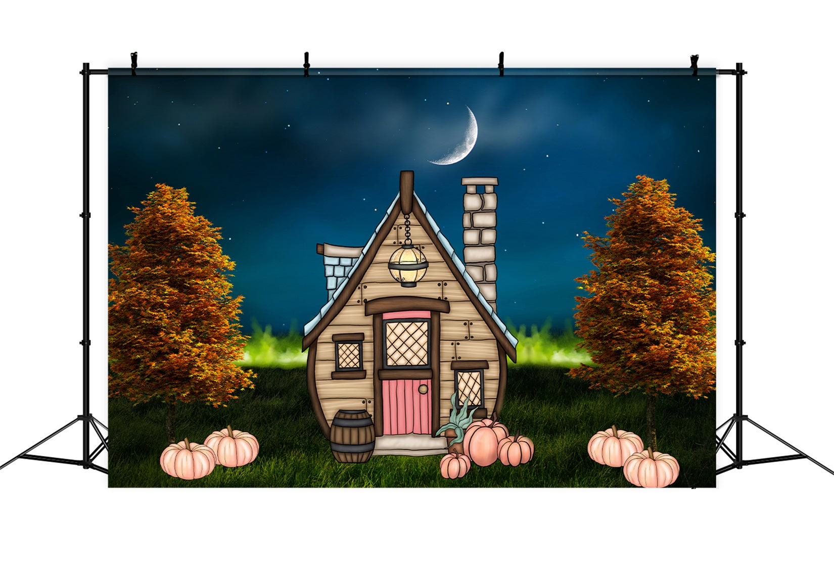 Newborn Backdrops Moonlit Cottage Pumpkin Lawn Halloween Backdrops For Kids UK By Magali