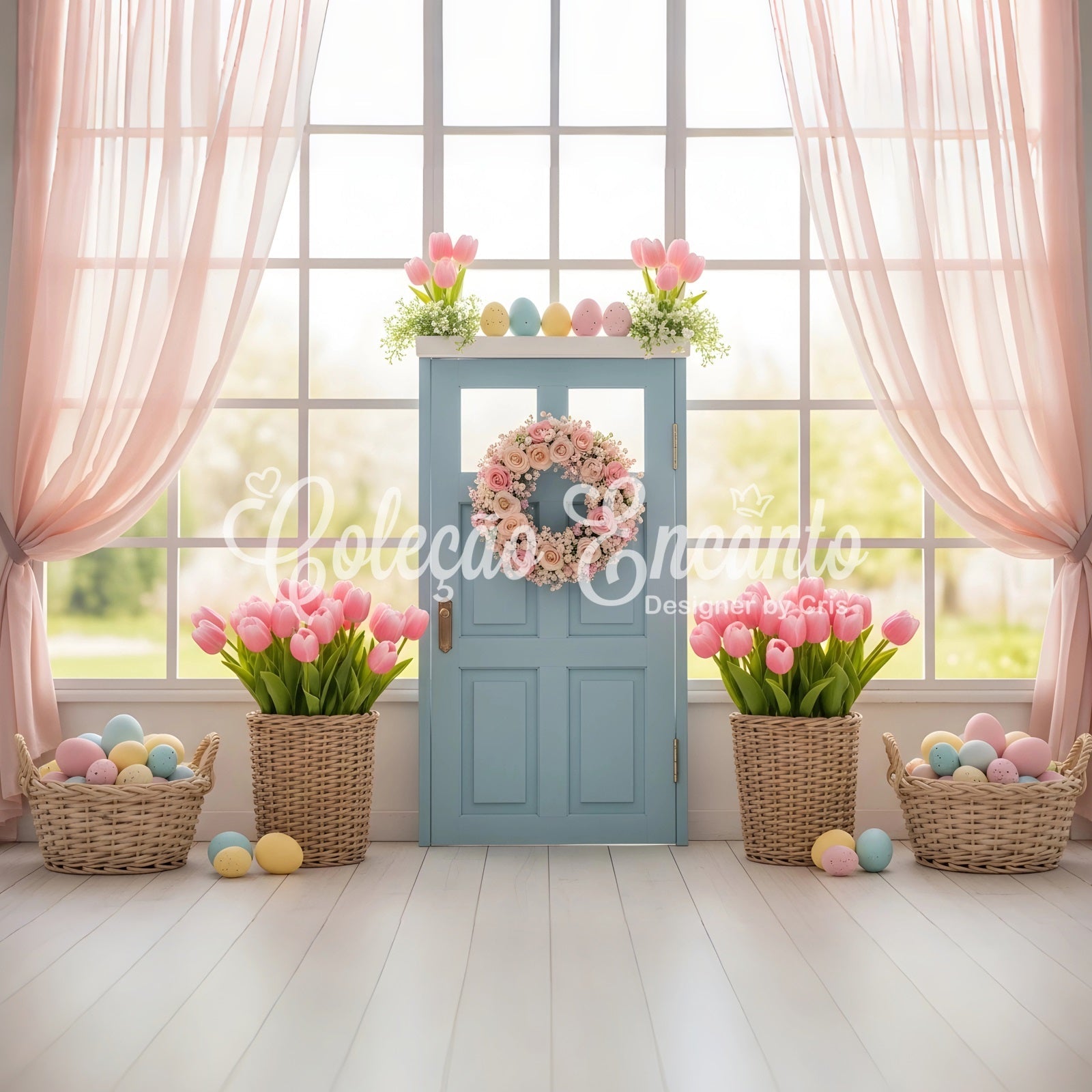 Easter Window Spring Light Backdrop Blue Door Tulip Egg Baskets Easter Backdrop Photos UK By Magali