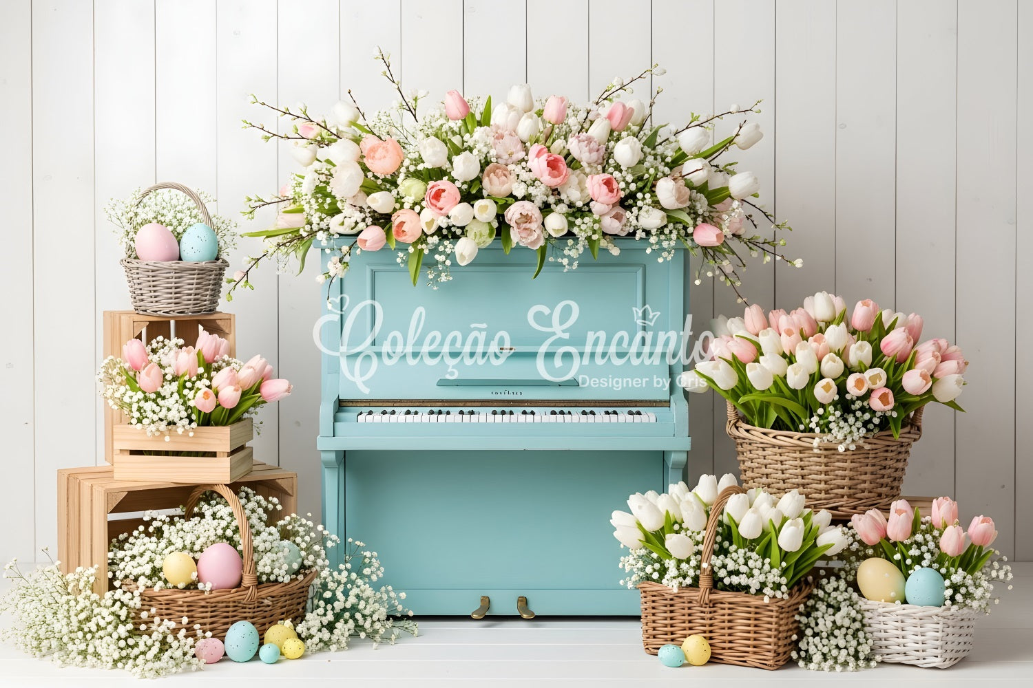 Easter Tulip Backdrop Blue Piano Egg Baskets Easter Photo Booth Backdrop Ideas UK By Magali