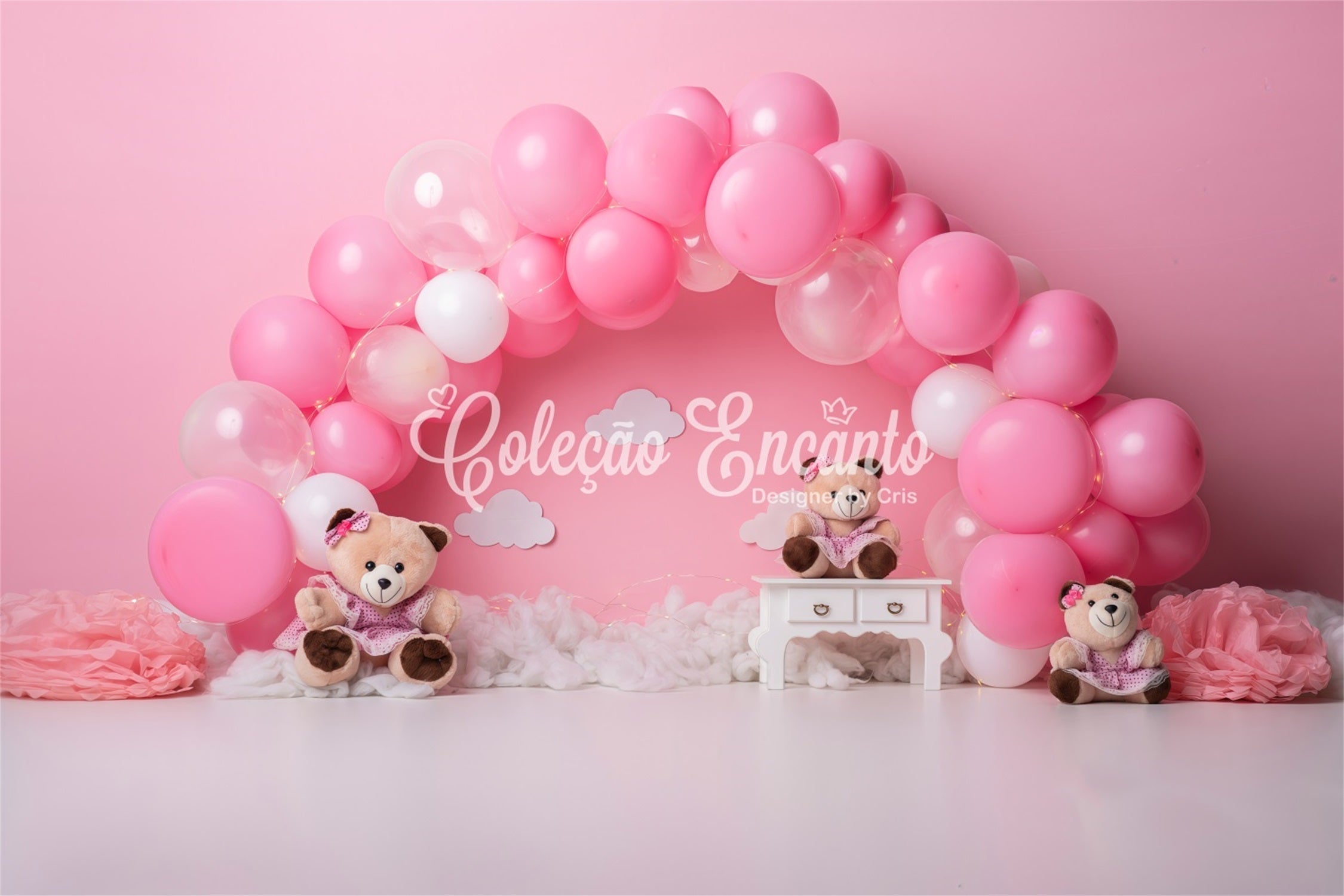 Newborn Backdrop Pink Balloon Arch Teddy Trio Childrens Photo Backdrops UK By Magali