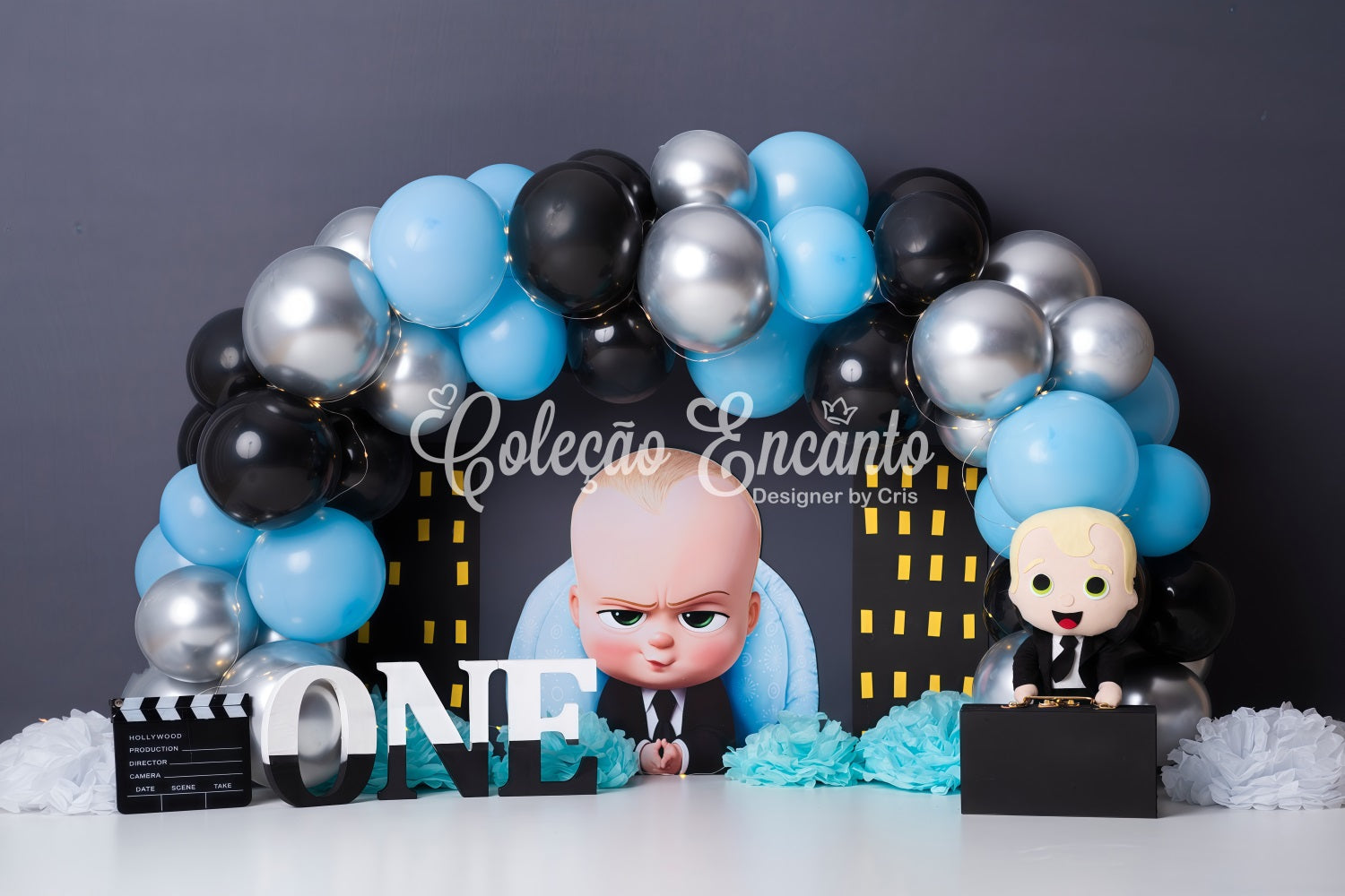 Children Backdrop Blue Black Balloon City Boss Kids Birthday Backdrop UK By Magali