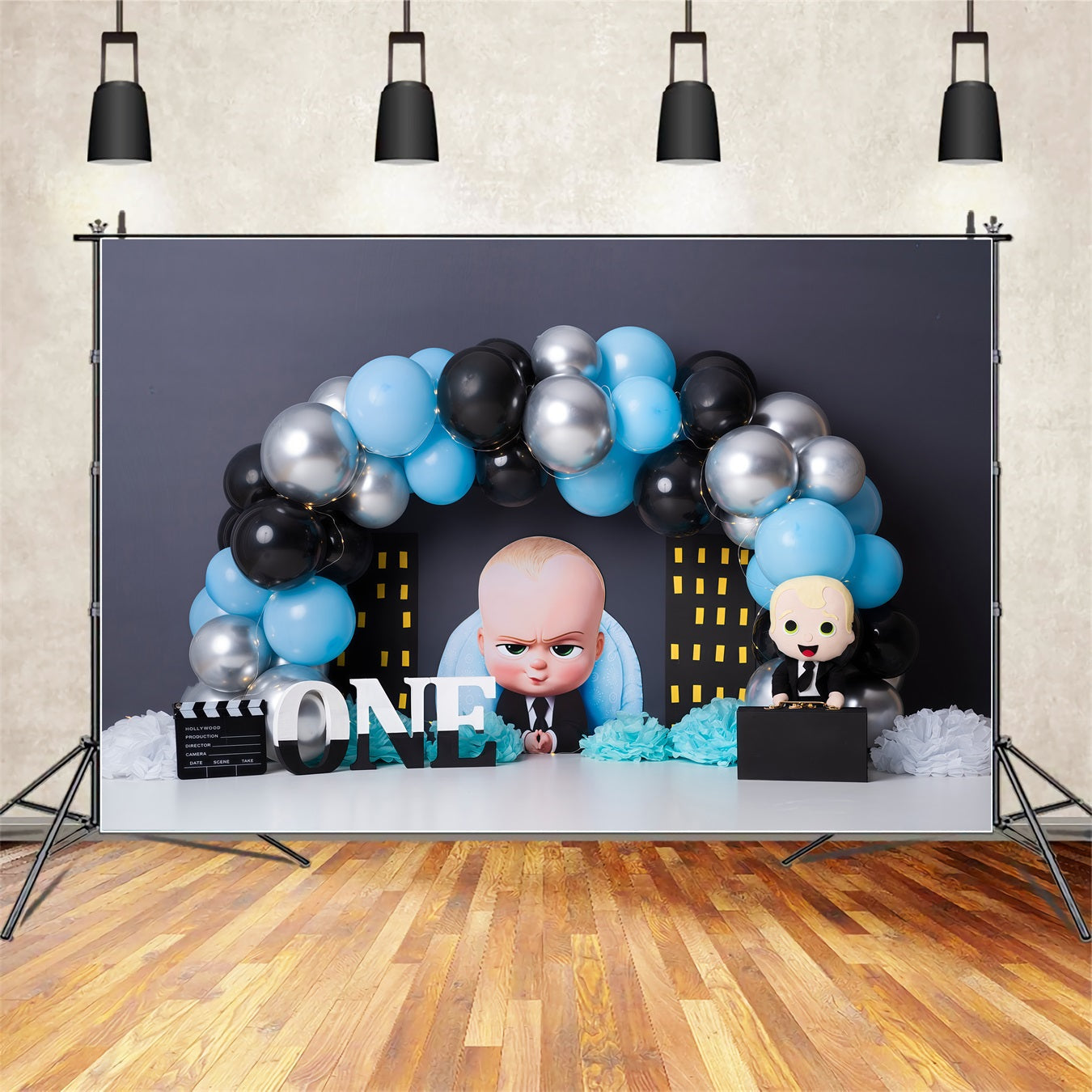 Children Backdrop Blue Black Balloon City Boss Kids Birthday Backdrop UK By Magali