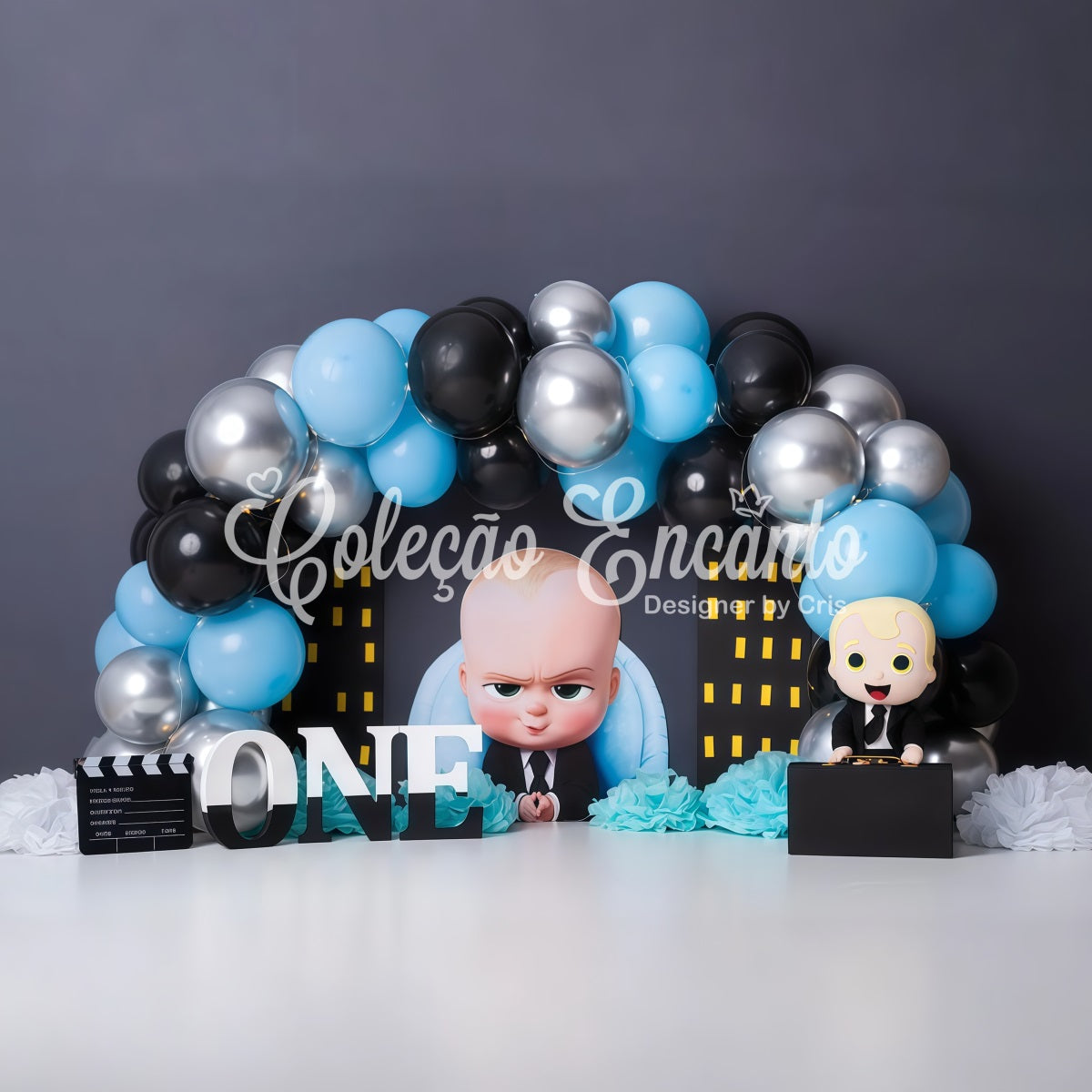 Children Backdrop Blue Black Balloon City Boss Kids Birthday Backdrop UK By Magali