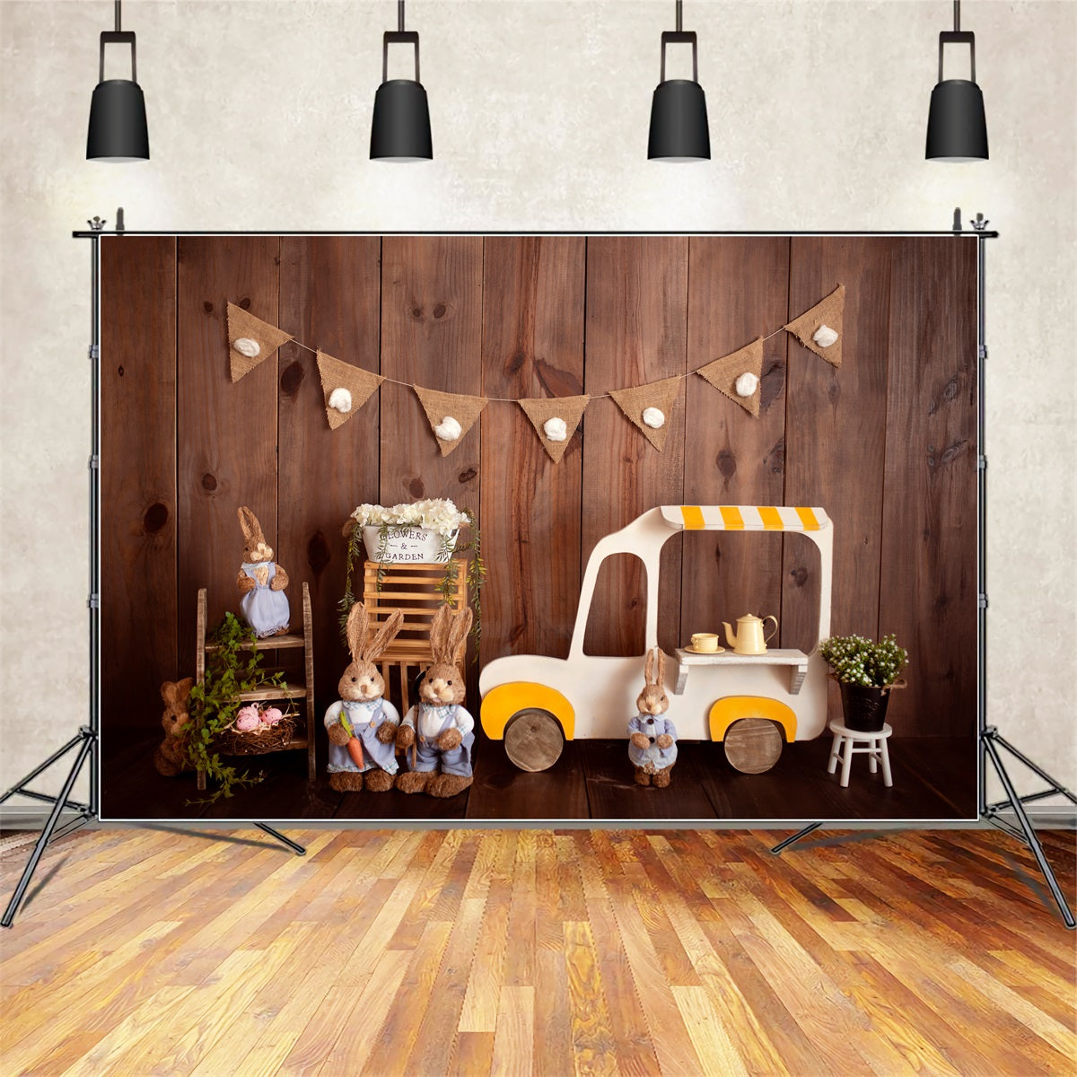 Children Backdrops Wooden Bunny Ice Cream Cart Easter Photo Backdrop UK By Magali