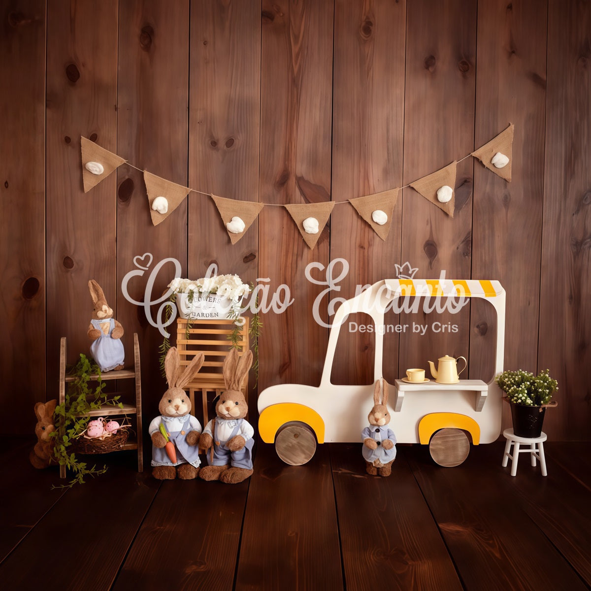 Children Backdrops Wooden Bunny Ice Cream Cart Easter Photo Backdrop UK By Magali