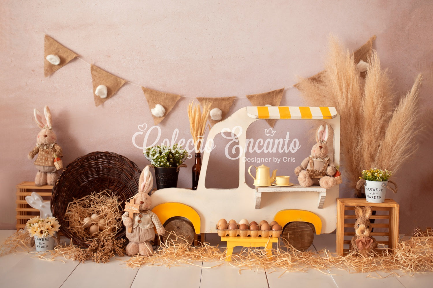 Children's Backdrop Rustic Bunny Market Cart Display Easter Backdrops UK By Magali