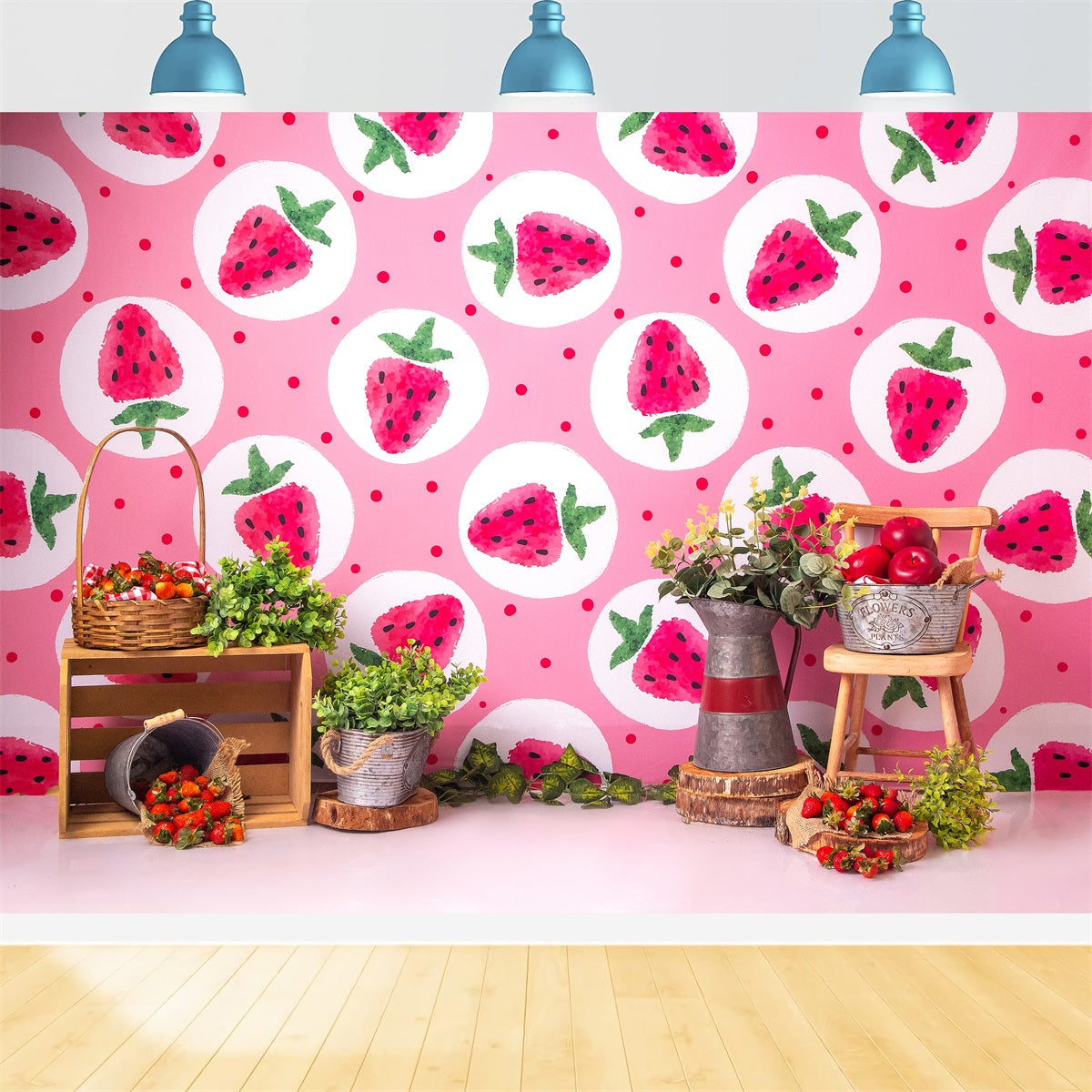 Childrens Backdrops Pink Strawberry Picnic Farm Stand Kids Photography Backdrop UK By Magali