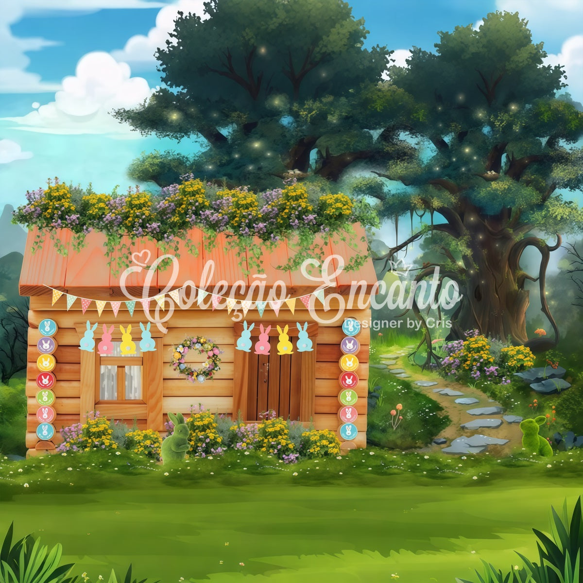 Kids Backdrop Pastel Bunny Garden Woodland Cottage Easter Photo Backdrop UK By Magali