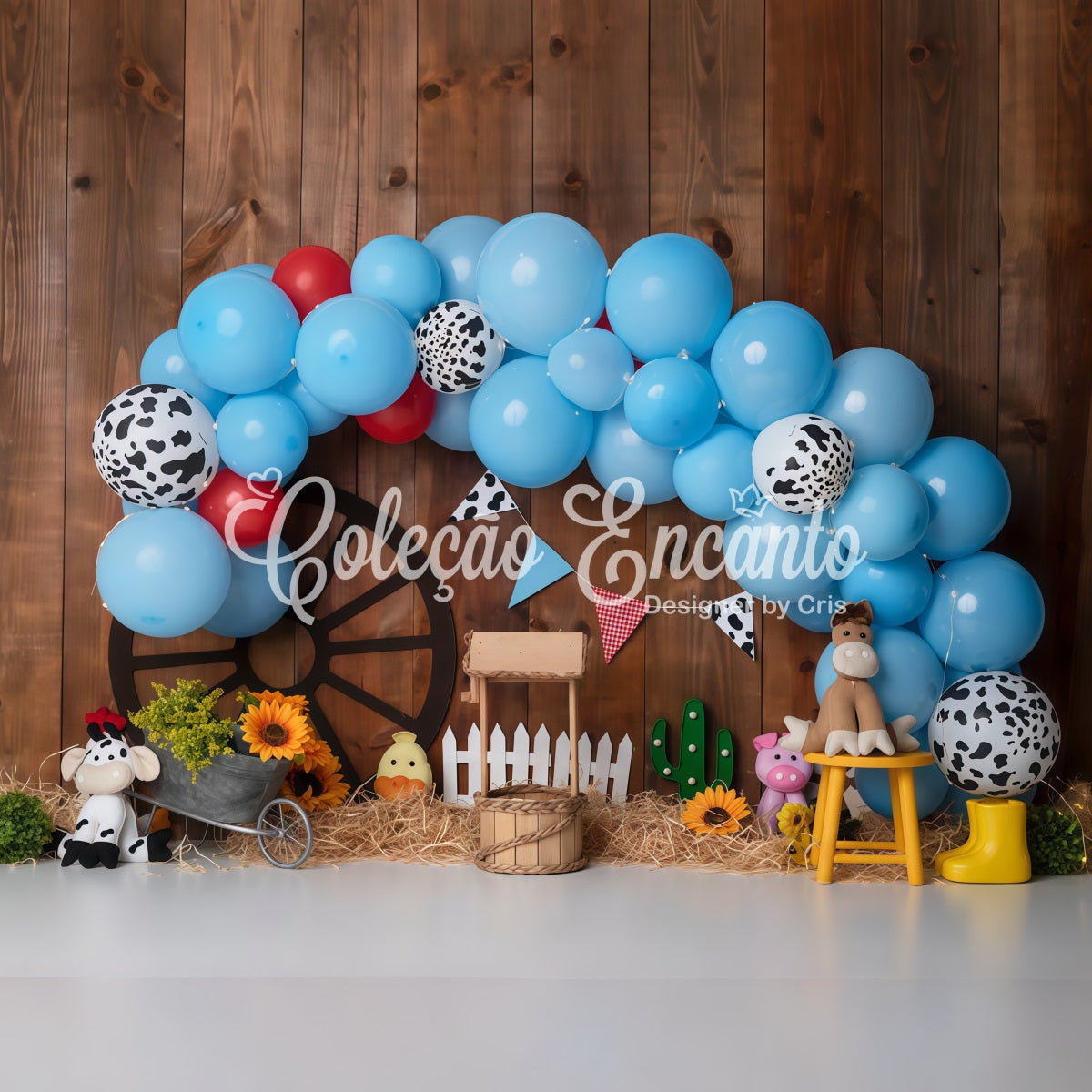 Children's Backdrops Blue Cow Print Farm Balloon Arch Cowboy Backdrop UK By Magali