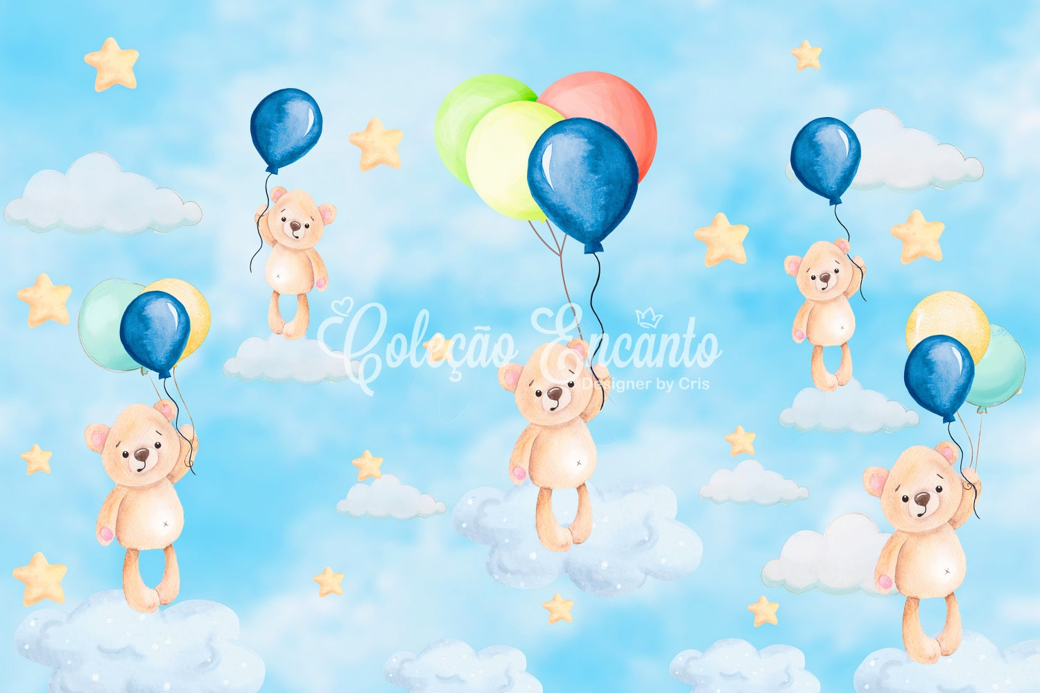 Kids Photo Backdrop Floating Teddy Balloon Sky Dream Stars Backdrop UK By Magali
