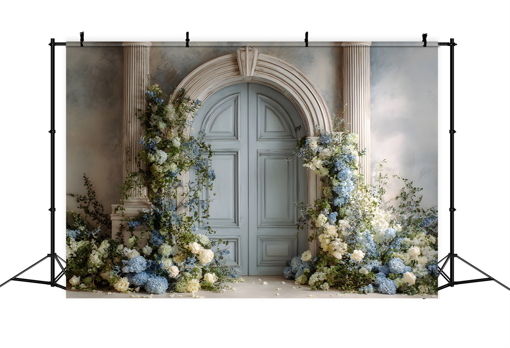 Mother's Day Photo Booth Backdrop Blue Hydrangeas White Roses Mothers Day Backdrop Design UK By Magali