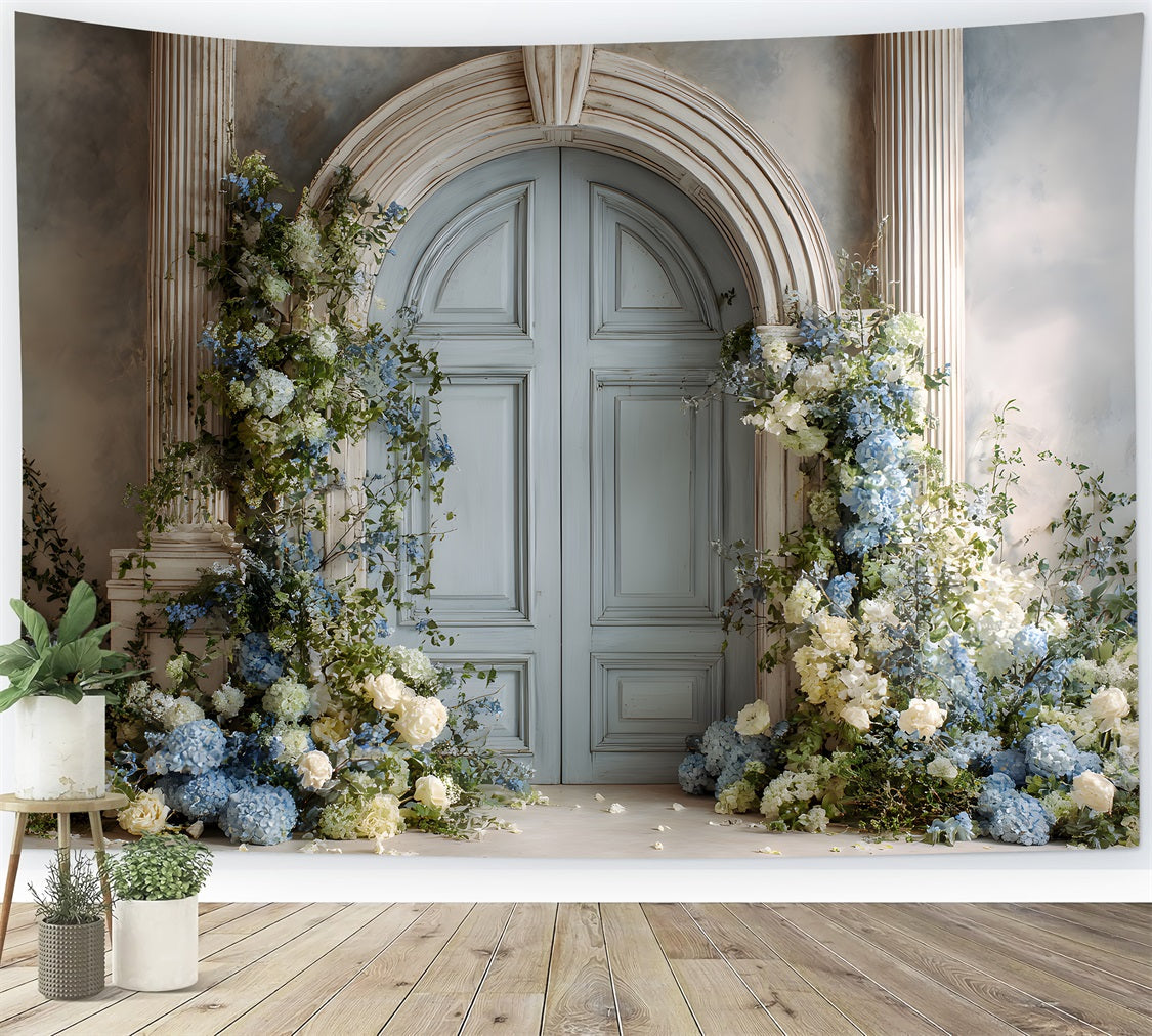 Mother's Day Photo Booth Backdrop Blue Hydrangeas White Roses Mothers Day Backdrop Design UK By Magali
